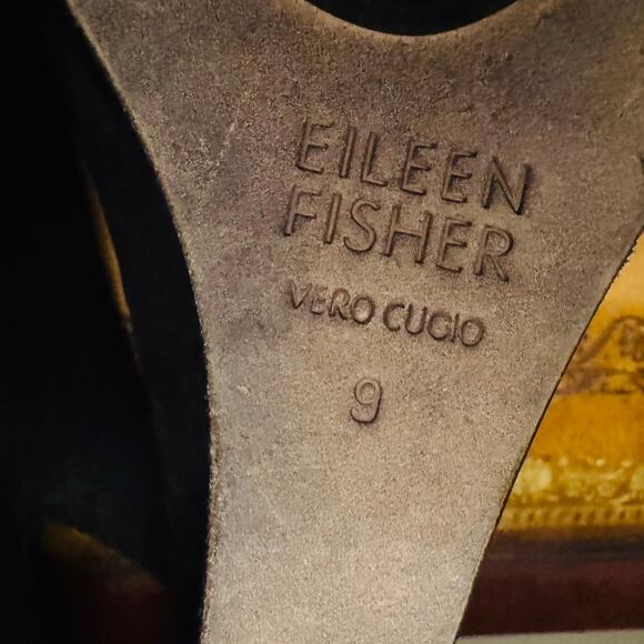 Eileen Fisher Women Black Suede Leather Wedge Peep Toe Slingbak Crescent Shoes 9 - Picture 10 of 12
